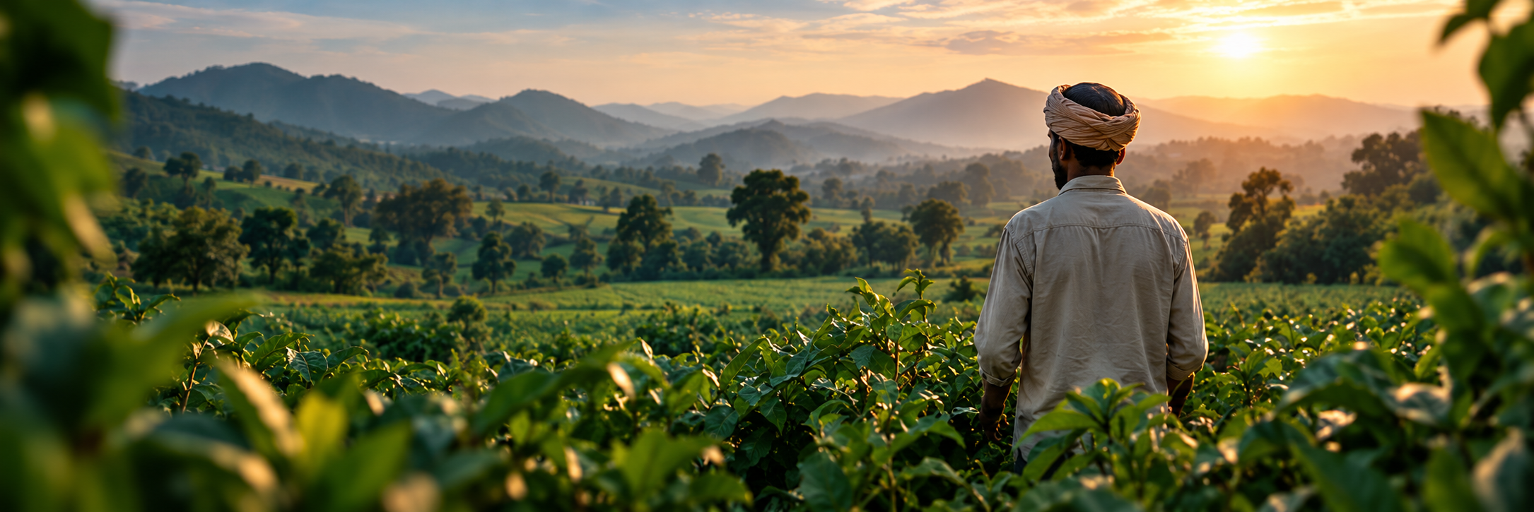A farmer looking out over an organic field at sunrise