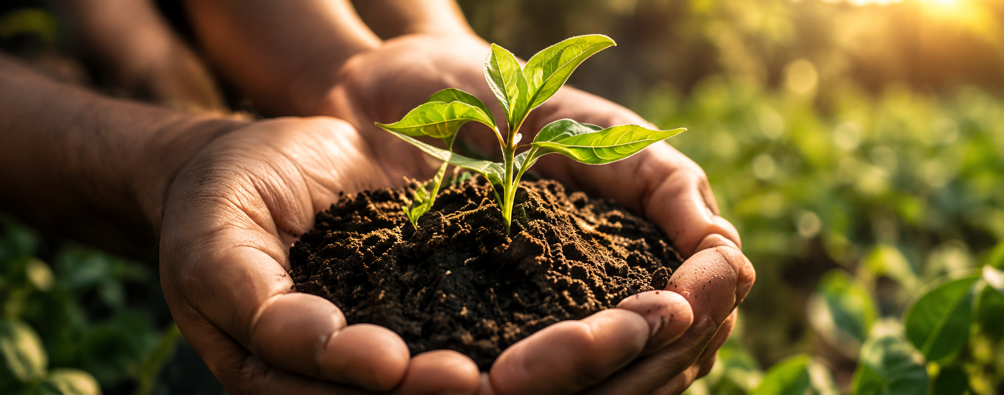Hands holding fresh soil with a young seedling