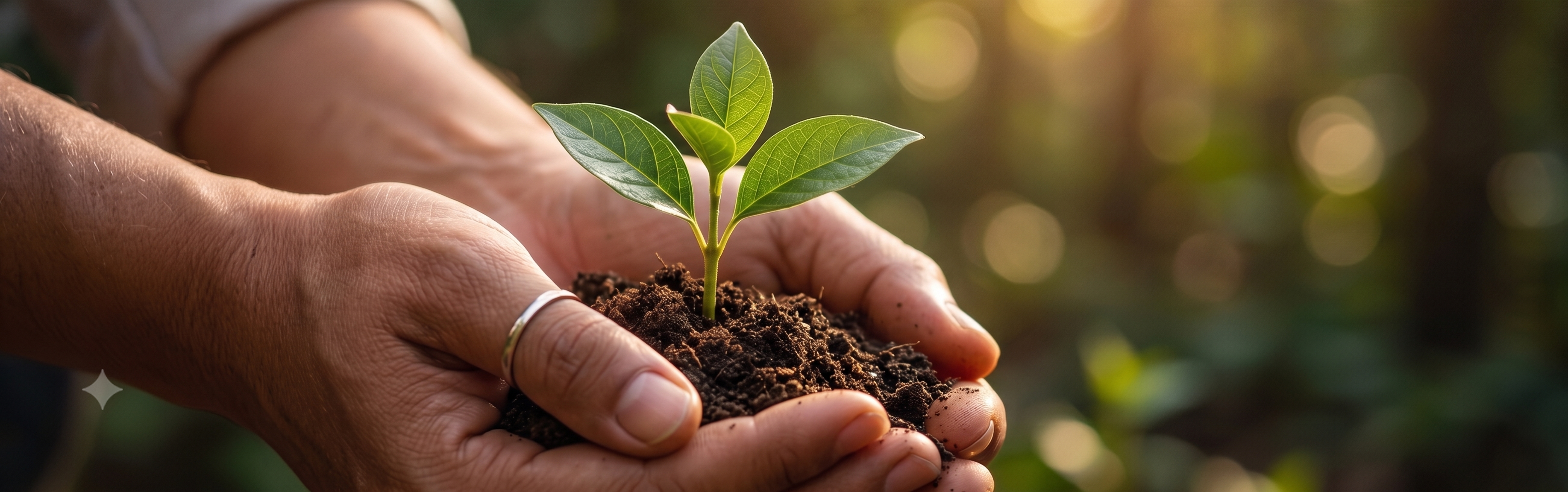 Hands cupping a young seedling in fresh soil