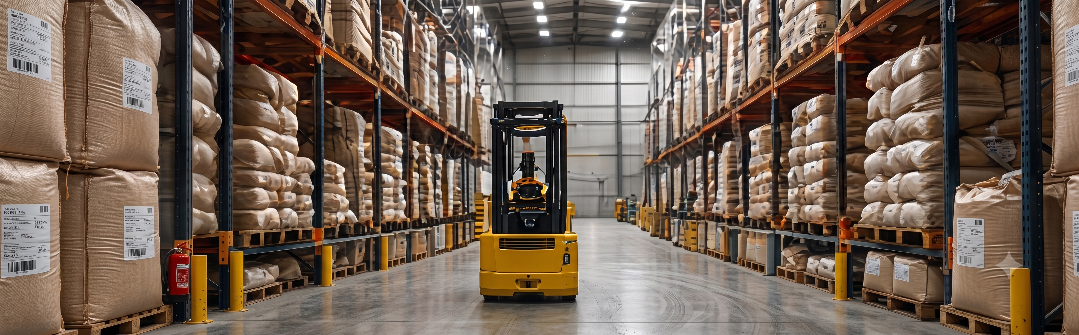 Rows of sacks inside a large organized storage warehouse