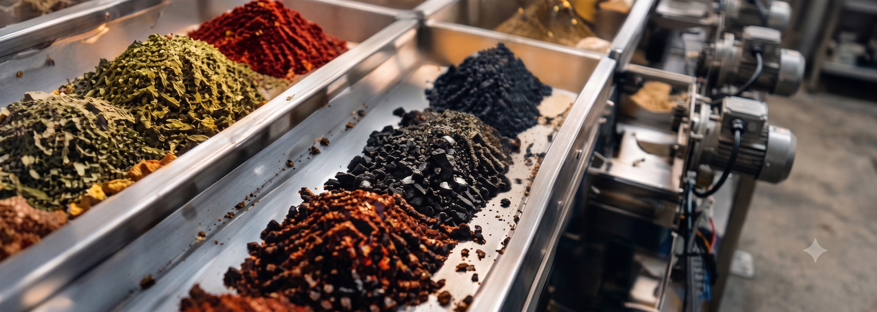 Assorted grains and pulses being sorted on a processing line