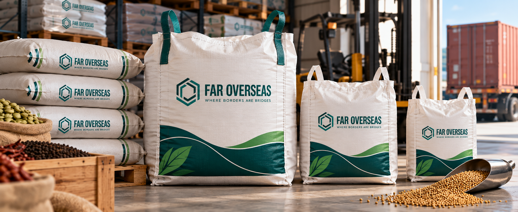 Rows of sealed FarOverseas branded product pouches on a packing line