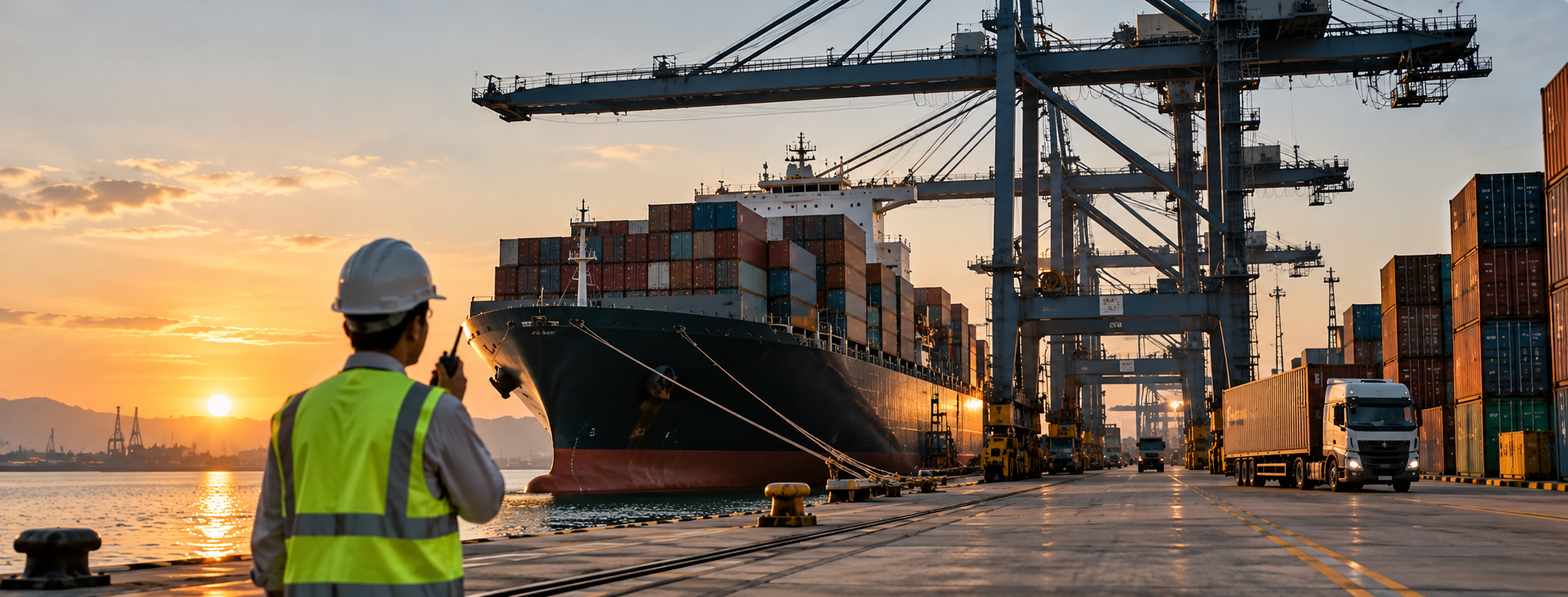 Shipping containers being loaded at a port during sunset